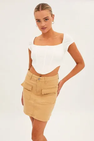 Beige High Rise Cargo Mini Denim Skirt