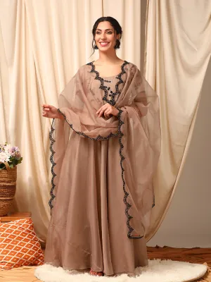 Beige Women Floral Flared Sleeves Thread Work Anarkali Kurta