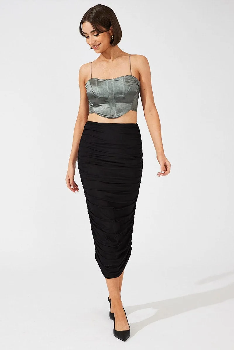 Black Abstract Midi Skirt Side Ruched Mesh