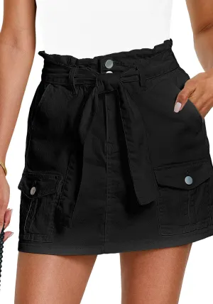 Black Women's High Waisted Denim Jean Skorts With Pocket Elastic PaperBag Waist Skorts