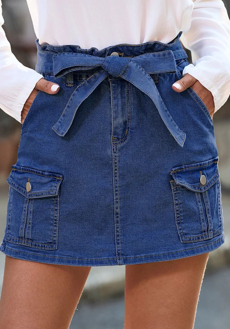 Classic Blue Women's High Waisted Denim Jean Skorts With Pocket Elastic PaperBag Waist Skorts