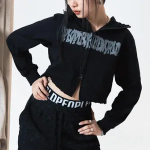 Cropped logo hoodie zip-up black