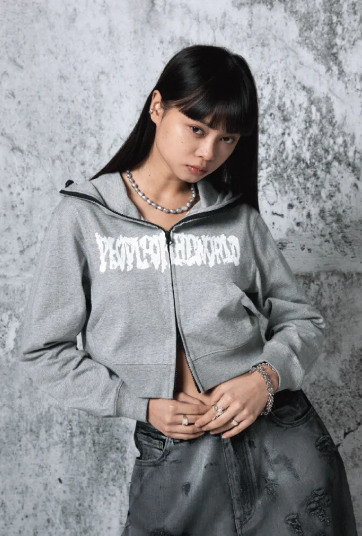 Cropped logo hoodie zip-up  grey