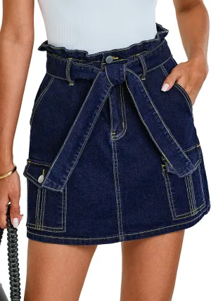 Dark Blue Women's High Waisted Denim Jean Skorts With Pocket Elastic PaperBag Waist Skorts