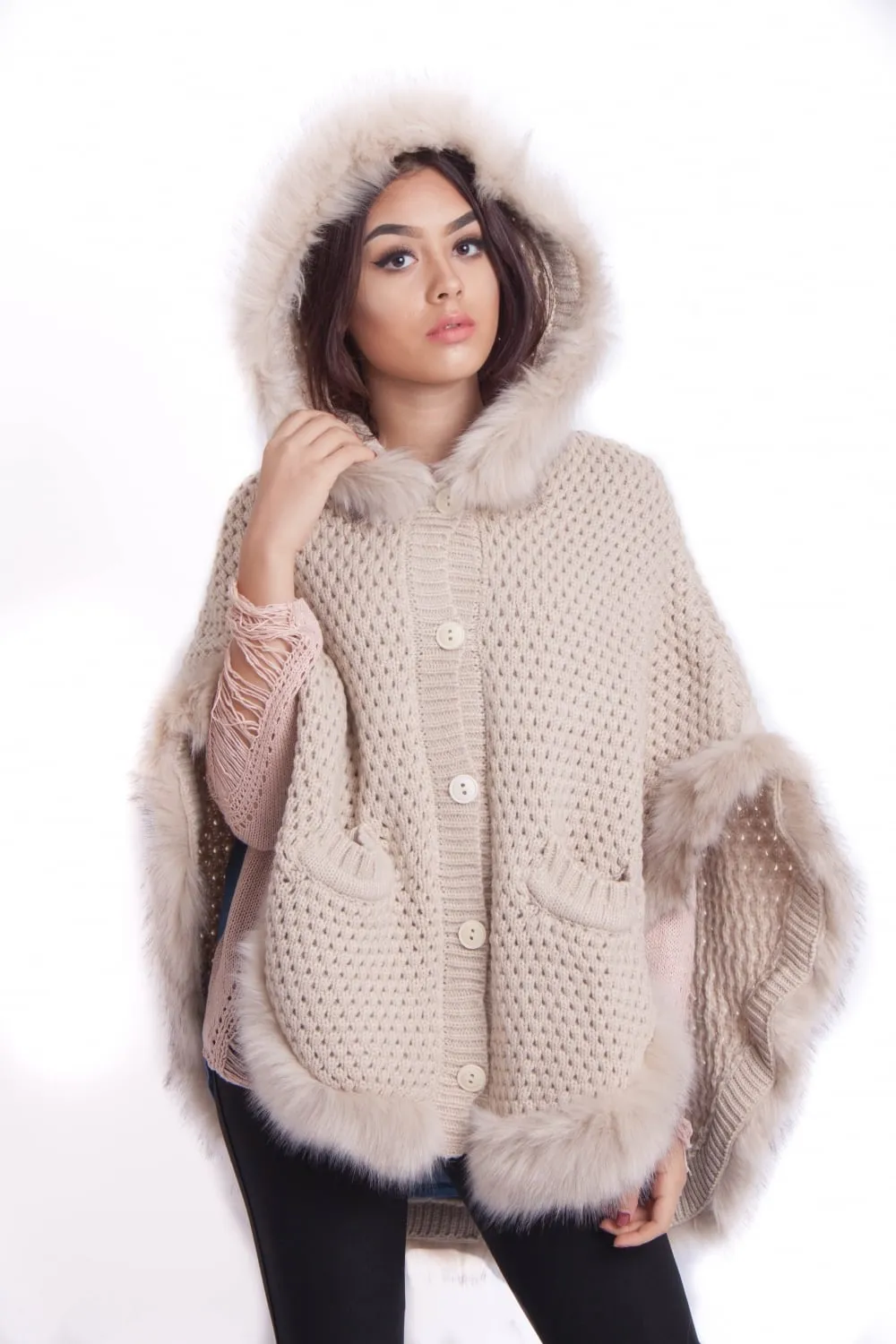 Faux Fur Knitted Hood Poncho