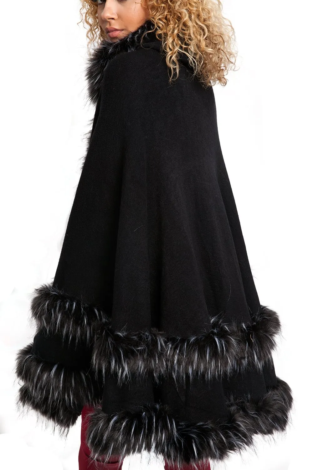 Knitted Double Layer Hooded Faux Fur Swing Cape Poncho