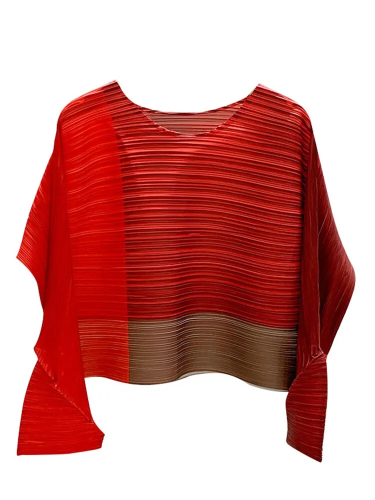 Miyake Pleated Color Block Round Neck Crop Top