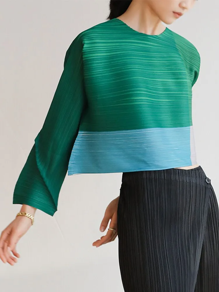 Miyake Pleated Color Block Round Neck Crop Top