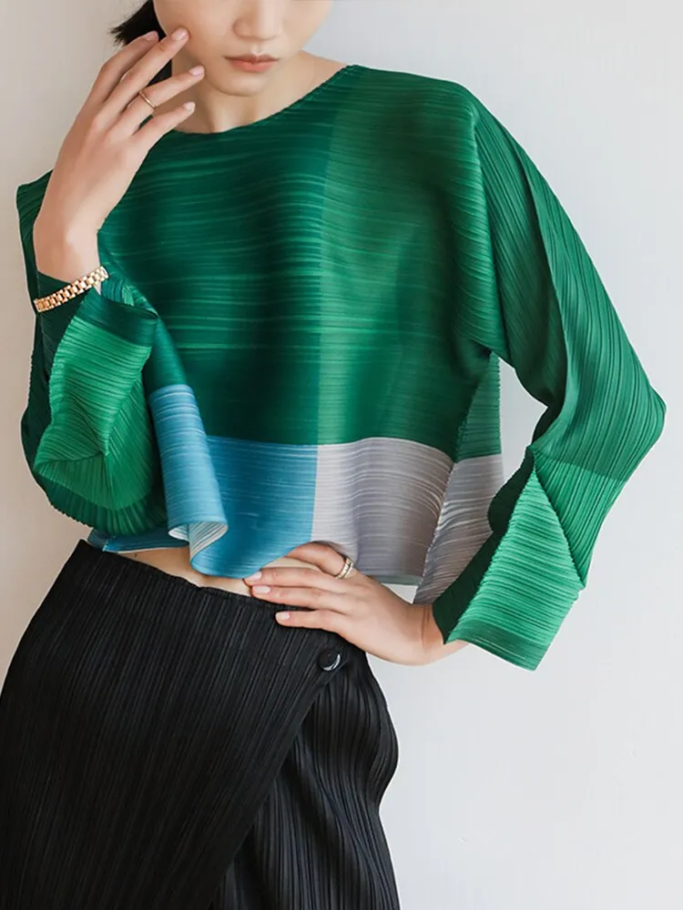 Miyake Pleated Color Block Round Neck Crop Top