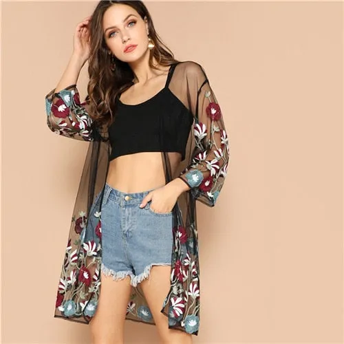 Multicolor Flower Embroidery Mesh Sheer Cardigan