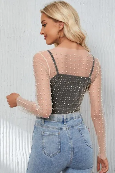 Pearl Long Sleeve Mesh Cropped Top