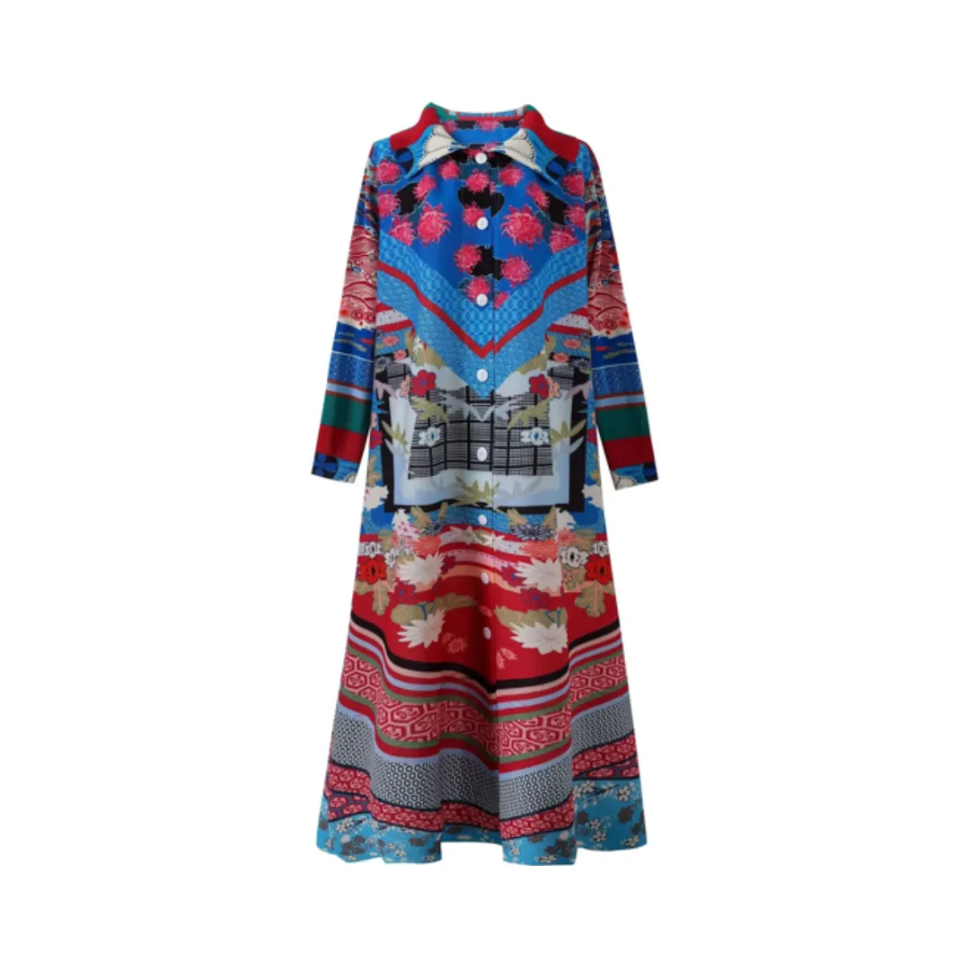 Pre Order:  Casual Retro Print Long Sleeve Collar Midi Cardigan