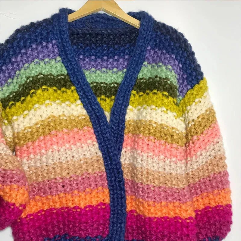 Pre Order:  Handmade Rainbow Striped Crocheted Thick Cardigan