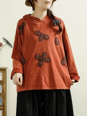 Women Autumn Artsy Flower Spliced Cotton Hooded Sweatshirt