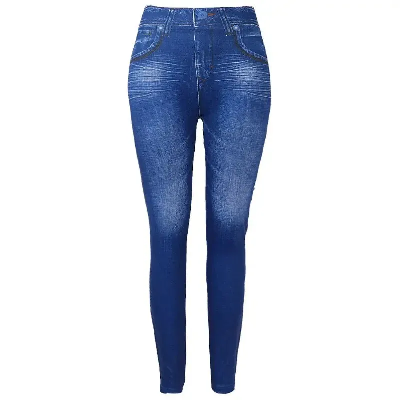 Women Fleece Lined Winter Jeggings Seamless Faux Jeans Denim Slim Pencil Pants