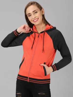 Women Red & Black Colorblocked Hooded Neck Front Open Sweatshirt