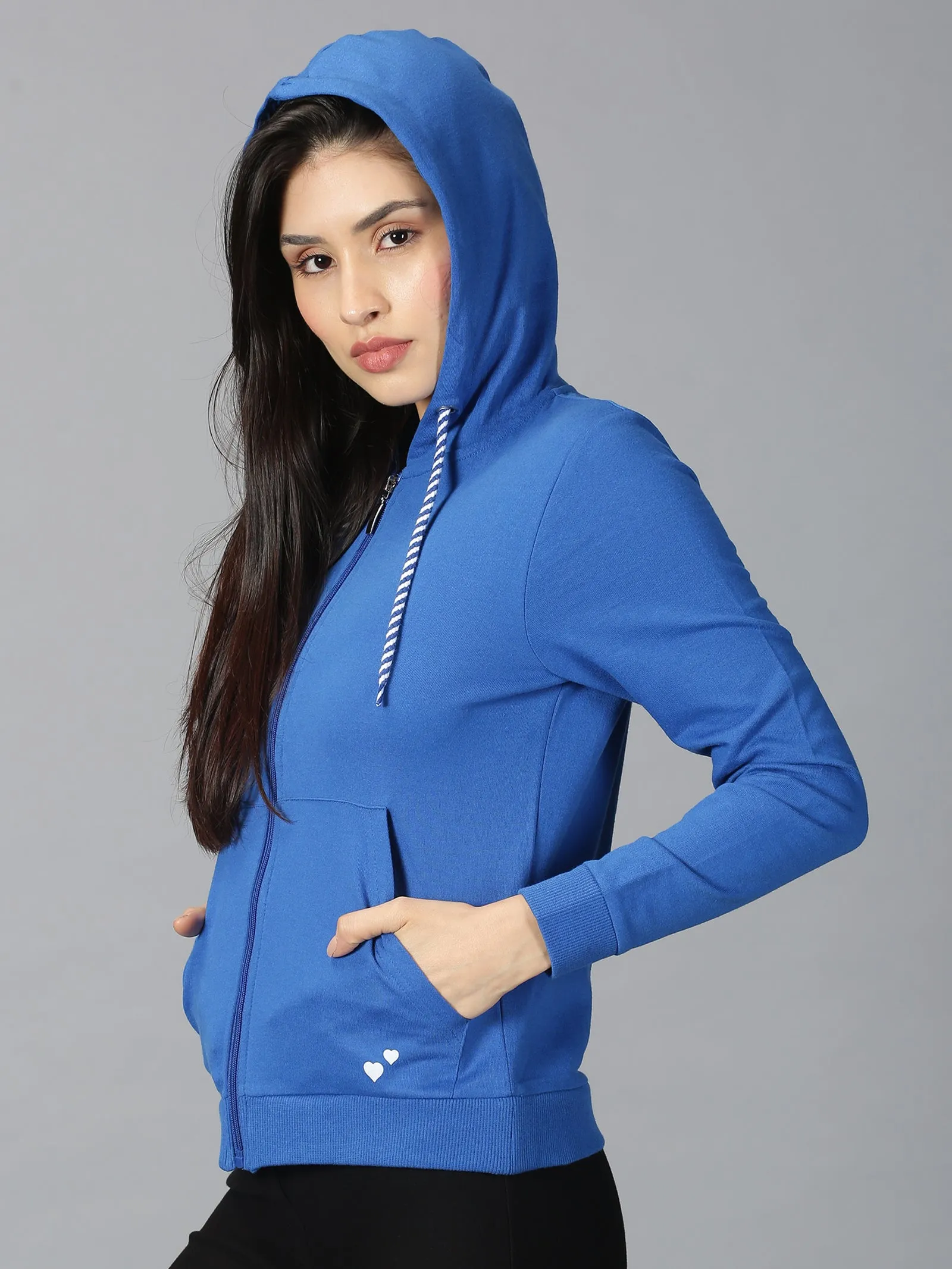 Women Solid Blue Hooded Neck Front Open Regular Sweatshirt