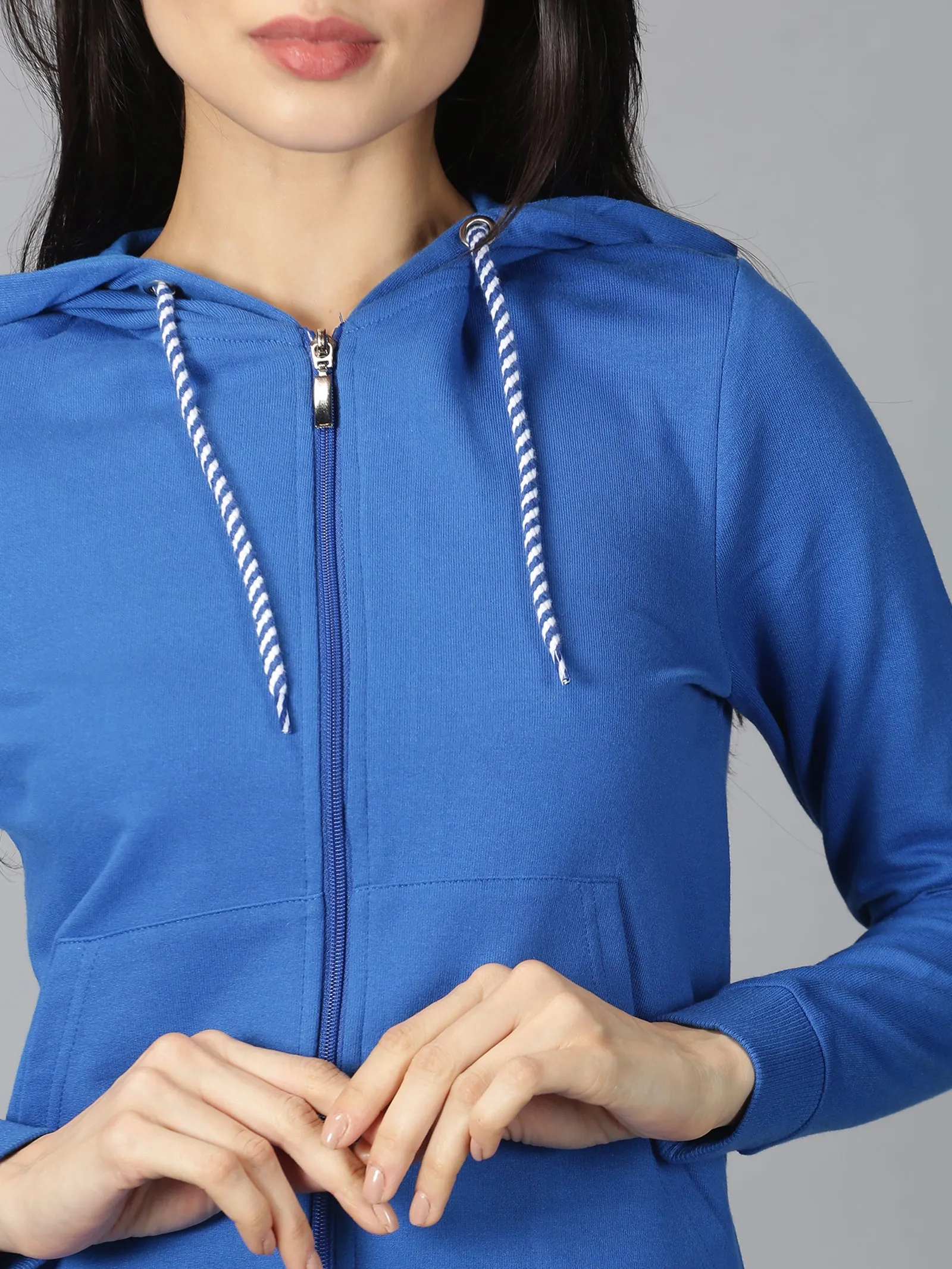 Women Solid Blue Hooded Neck Front Open Regular Sweatshirt