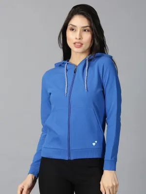 Women Solid Blue Hooded Neck Front Open Regular Sweatshirt