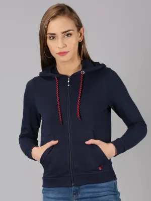 Women Solid Blue Hooded Regular Sweatshirt